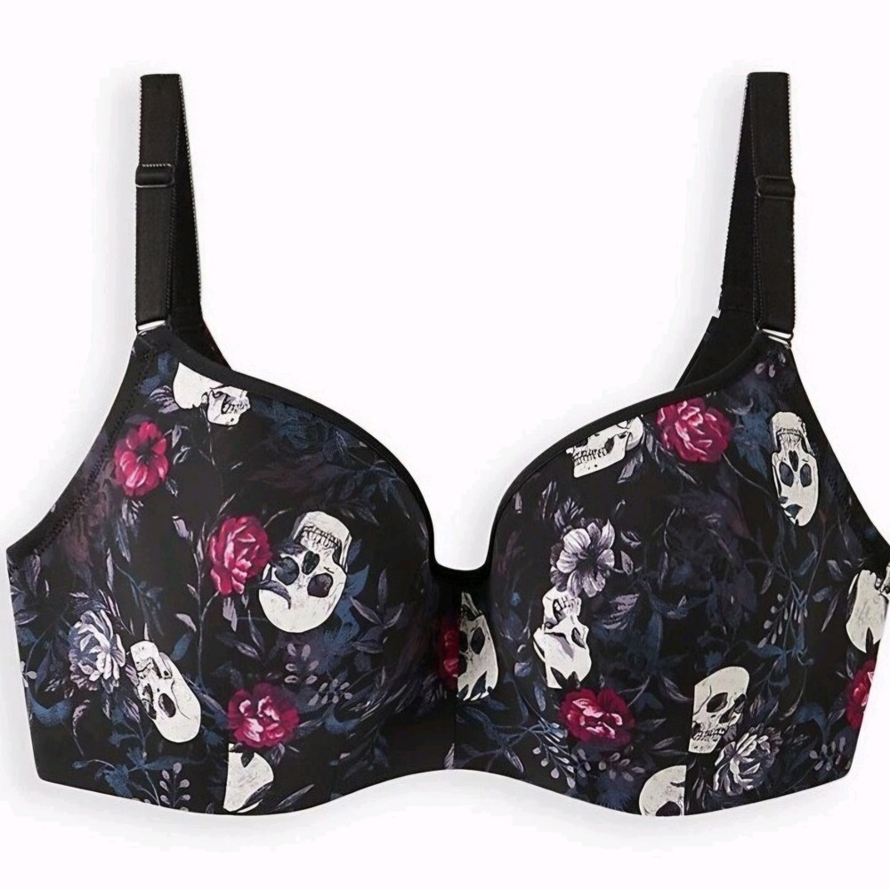 Torrid Active 44F (44DDD) Sports Bra Black Skull Floral Gothic Print